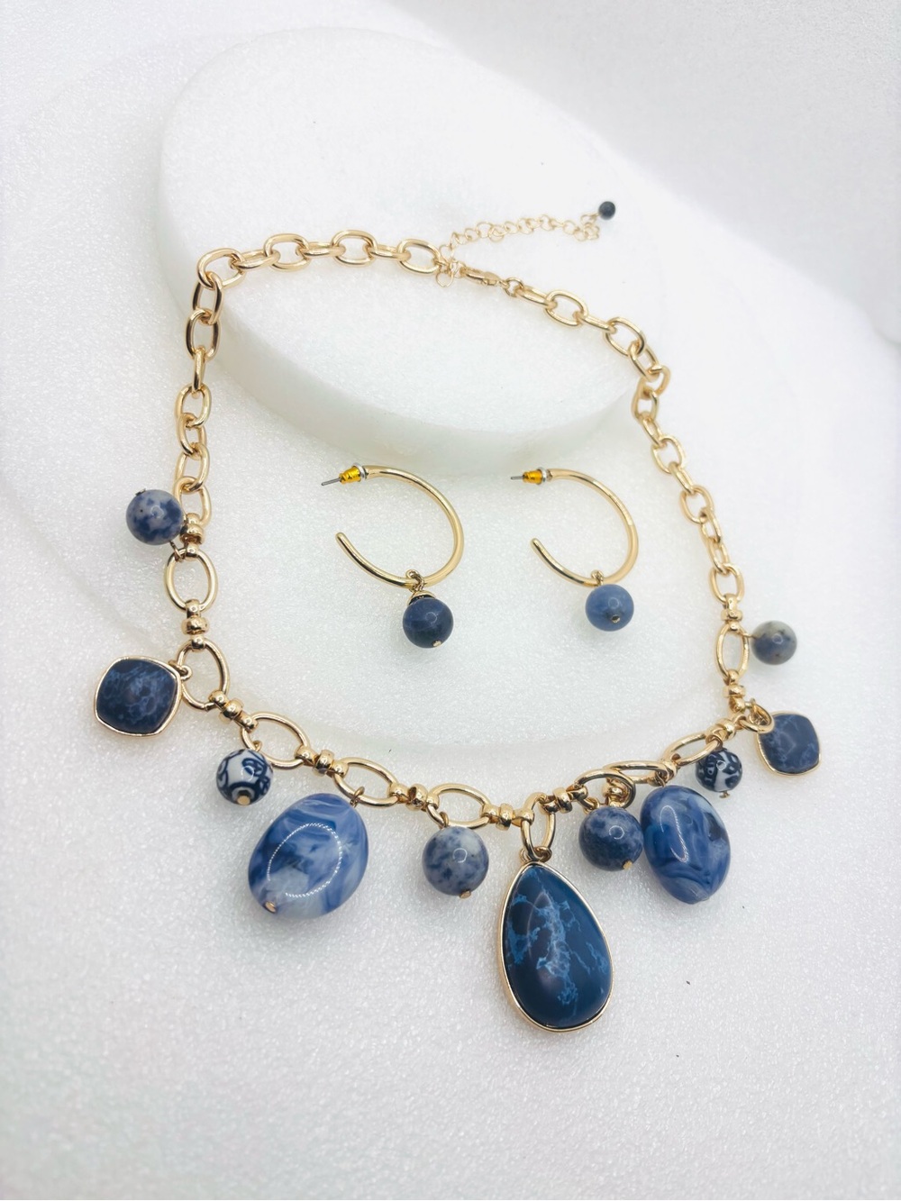 Avon Gold Chain Necklace & Earring Set- Blue Stone Charms - Murano Collection